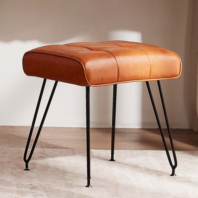 Faux Leather Upholstered Vanity Stool with Metal Legs, Brown