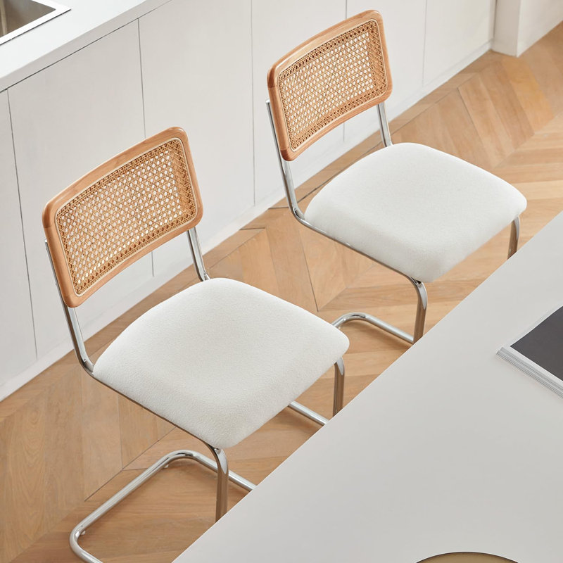 Natural Rattan and Solid Wood Counter Height Stools with White Upholstery and Chrome Metal Legs