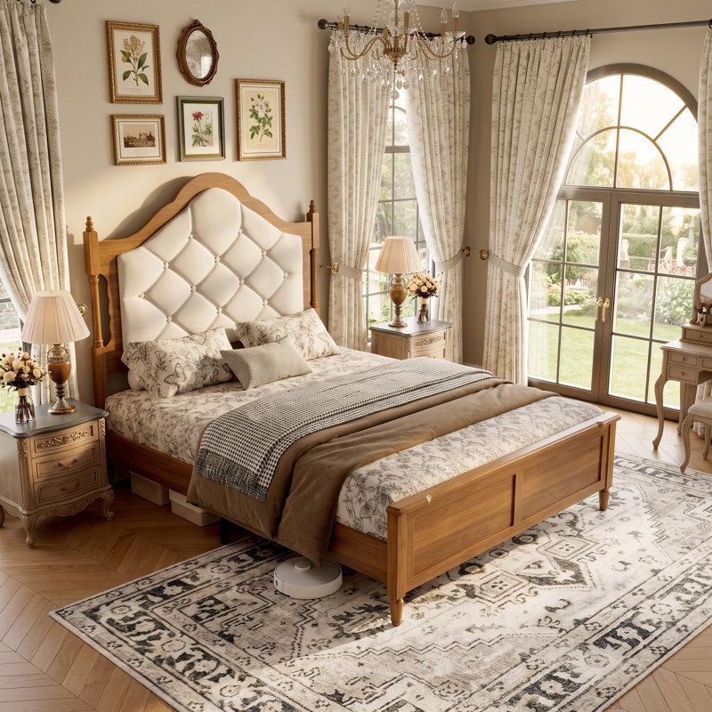 Cadre de lit plateforme VARELON avec tête de lit rembourrée, style ferme vintage du milieu du siècle, sans sommier, structure en bois