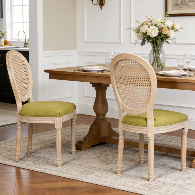 French Country Dining Chairs Set Of 2, Upholstered  Chairs With Nature Rattan Round Back, For Living Room, Kitchen , Restaurant Use