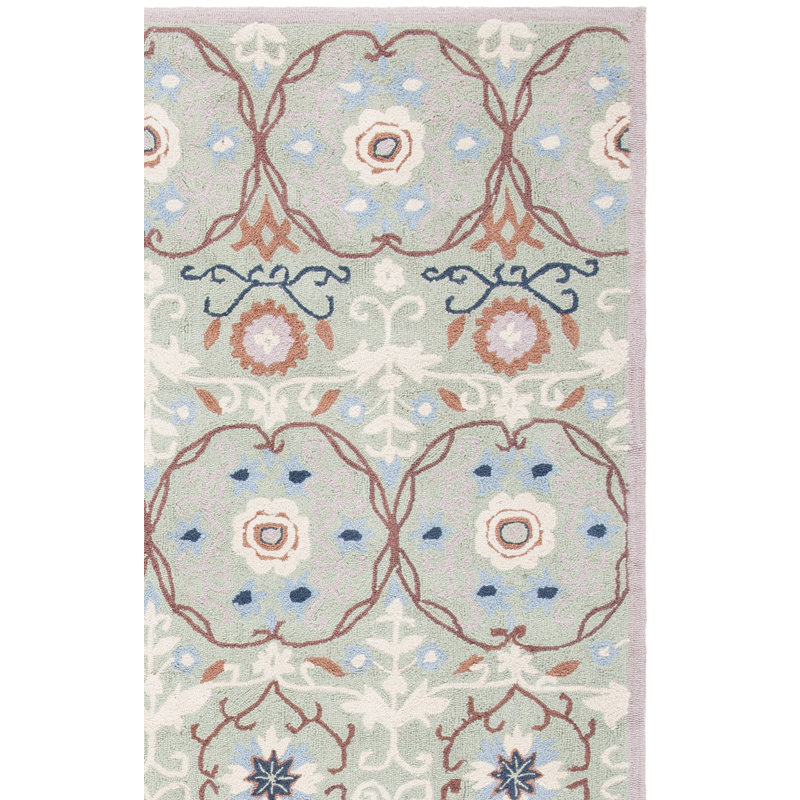 Helena Floral Handmade Hooked Wool Green Area Rug, Rectangle 8' x 10'