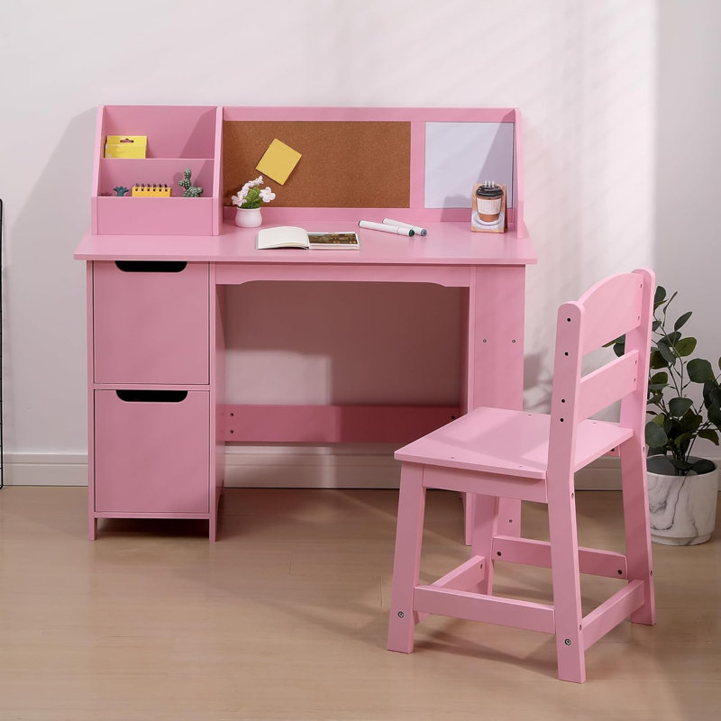 Kids Study Desk and Chair Set with Storage, Bookshelf & Bulletin Board, Pink