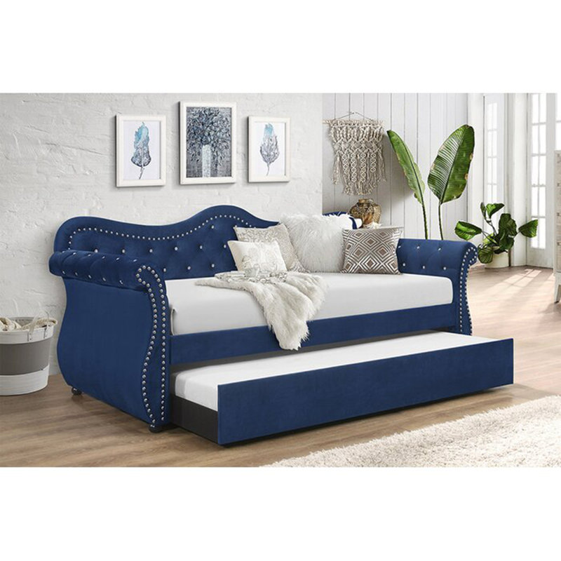 Lit de jour rembourré en velours de bois avec couchette en bleu, Marine