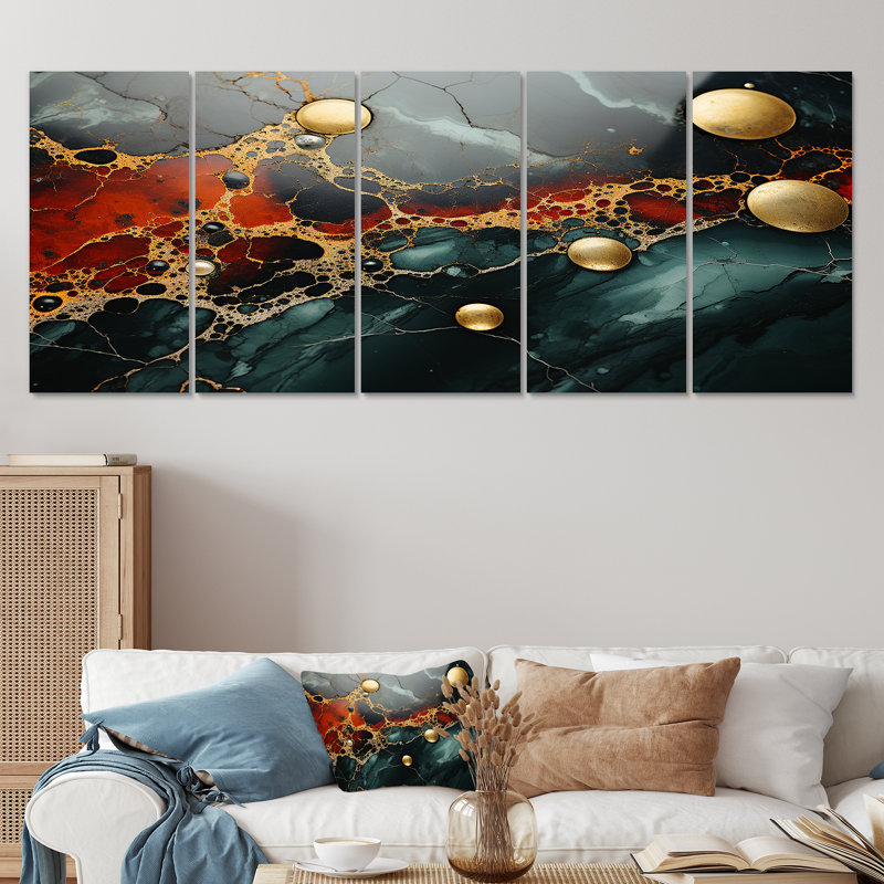 "Or et vert sérénité abstrait marbre II", 5 pièces, H 32 po x l 80 po