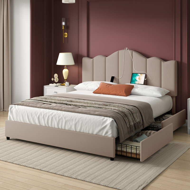 Base de lit tapissier beige avec tête de lit pleine grandeur avec tête de lit réglable, 4 tiroirs de rangement, ports de chargement USB et de type C, structure silencieuse en bois et en métal, aucun sommier nécessaire