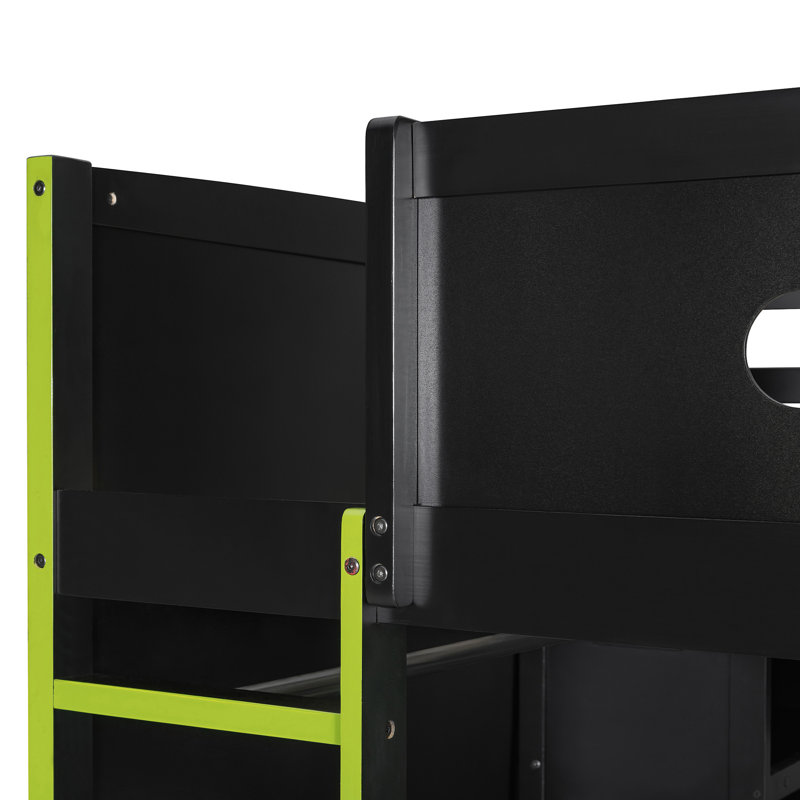 Lit mezzanine double en bois avec bureau, Vert