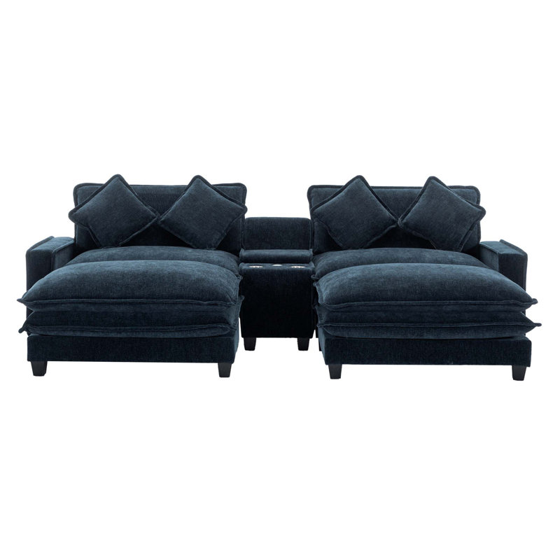 111" Sectional Sofa Chenille Upholstered Sofa with Two Removable Ottoman, Two USB Ports, Two Cup Holders and Large Storage Box for Living Room