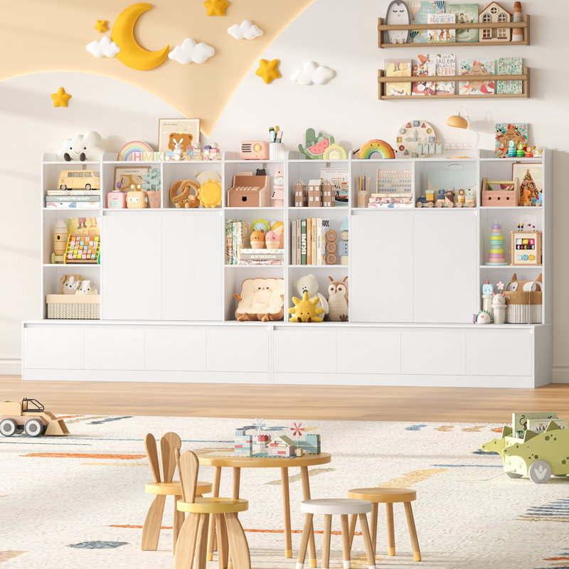 Bibliothèque de rangement tout-en-un de 54 po de largeur avec tiroirs cachés et tablettes réglables, Blanc