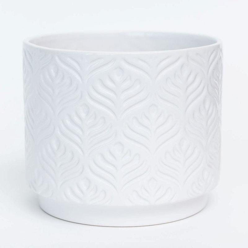Peacock Feather Design Glazed Planter, White, 5.5" H x 6.7" W x 6.7" D