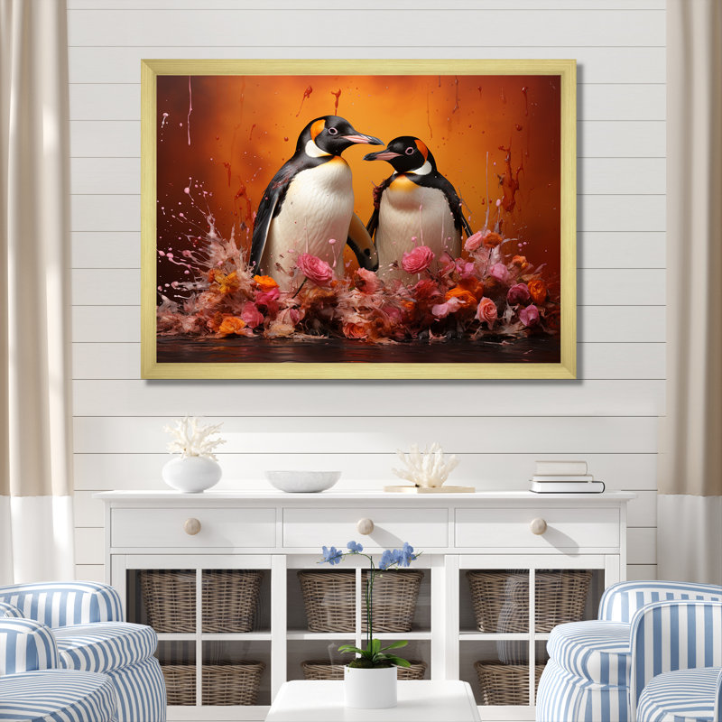 Flower Couple Penguins World, H 24 po x l 32 po x P 1 po, Cadre photo doré simple