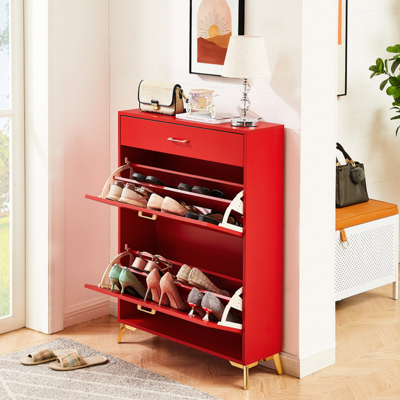 Red Shoe Organizer For Entryway - 2 Flip Drawers, Space Saving, Drawers Stand Cabinet Hallway Red,, Red