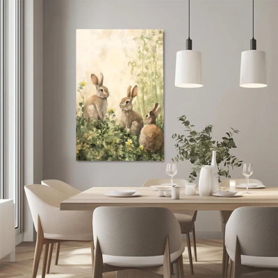 Art mural sur toile encadré en 2 dimensions, 3 lapins, prairie de fleurs sauvages, aquarelle de style réaliste, reproduction d'art sur toile, peinture, décoration murale, cadeau idéal pour chambre à coucher