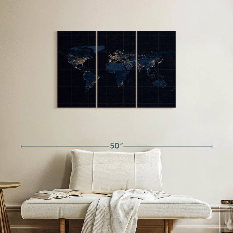 Aliaz Dark Blue Grid World Map, 24" H x 38" W