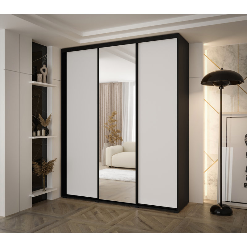 3 Door Manufactured Wood Wardrobe, White/Black, 235.2cm H x 200cm W x 45cm D