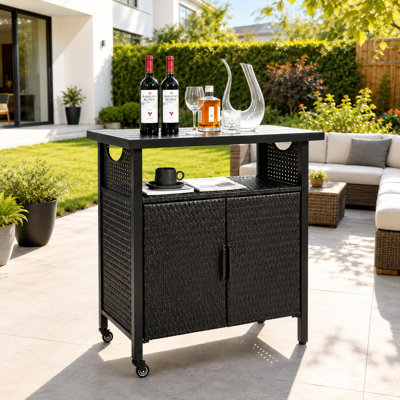 Outdoor Wicker Patio Bar Cart with Wheels and Storage Shelves