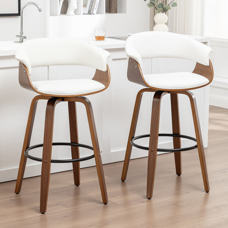 Tabourets pivotants Mid-Century rembourrés en similicuir Devlin, Blanc, Tabouret de bar (siège d'une hauteur de 29,5 po)
