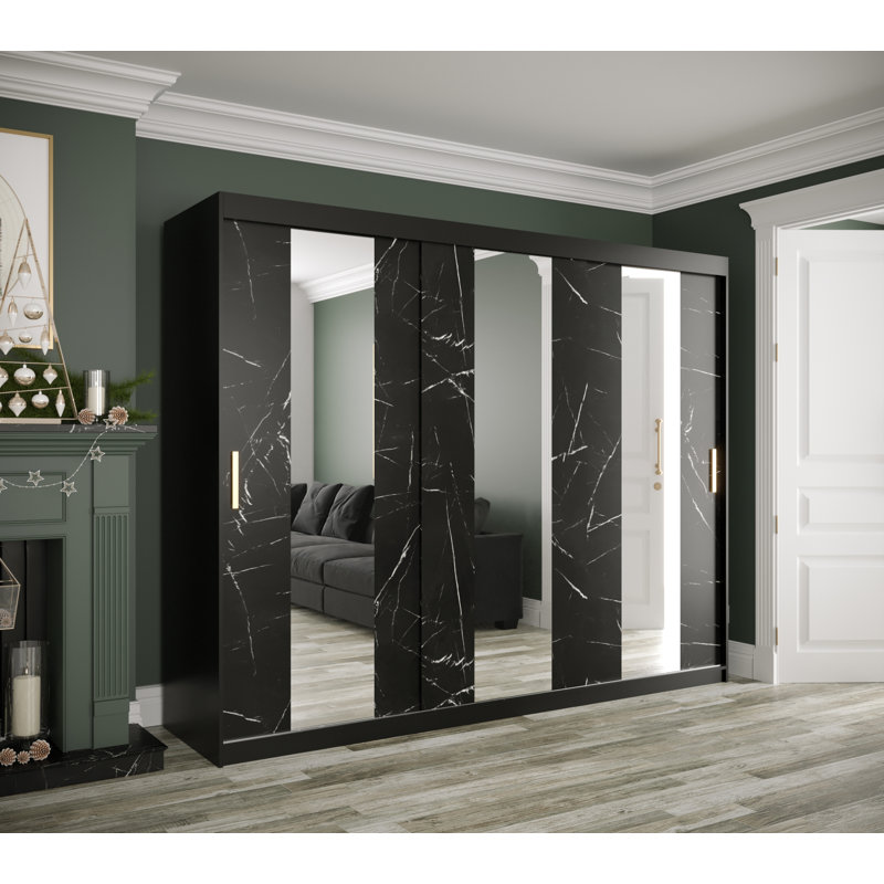 Mahdiyyah 3 Door Manufactured Wood Wardrobe, Black Matt/Marble Finish