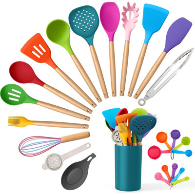 25-Piece Silicone Kitchen Utensil Set With Wooden Handle, Heat Resistant Up To 446°F, Non-Toxic & Safe For Nonstick Cookware, Includes Holder For Easy Storage