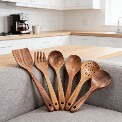 6-Piece Teak Wooden Kitchen Utensil Set For Cooking, Natural Non-Toxic Wood Spoons & Spatulas, Heat Resistant Safe For Non-Stick Pans, Handmade Wooden Cooking Utensils