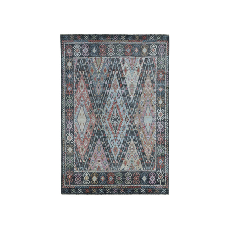Tapis décoratif en laine de conception unique 6 pi 4 po x 9 pi 2 po Cesiley noué à la main gris foncé