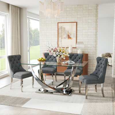 Modern 68.9" Glass Dining Table Set, Tempered Glass Top, Polished Stainless Steel Base, Velvet Tufted Chairs With Nailhead Trim, Stainless Steel Legs