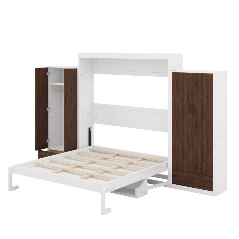Grand lit escamotable mural avec placard, tiroirs et table