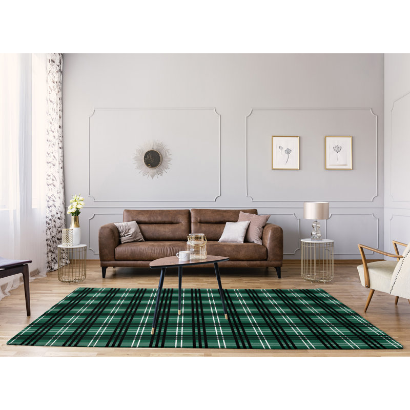Carreaux verts faits à la main/noir/Tapis décoratif blanc, Rectangle 5 pi x 7 pi