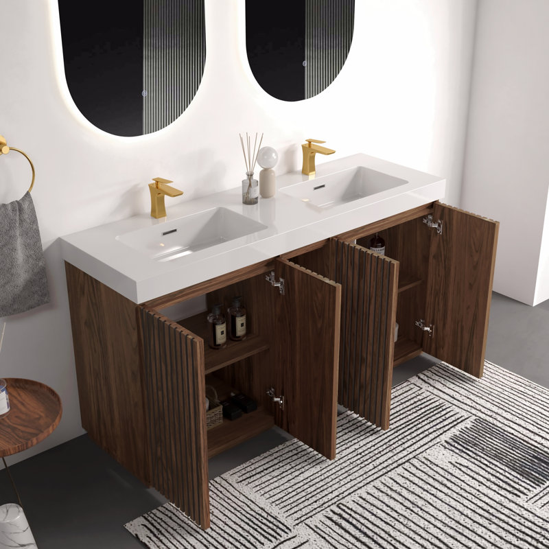 Meuble-lavabo Winston en noyer de 152 cm (60 po) avec lavabo, grand meuble-lavabo autoportant de rangement pour salle de bain moderne, lavabo double blanche monobloc sans bonde ni robinet, livré en trousse