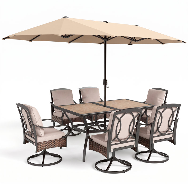Ensemble de salle à manger rectangulaire pour 6 personnes 60 "" avec coussins et parasol Leonard, Beige