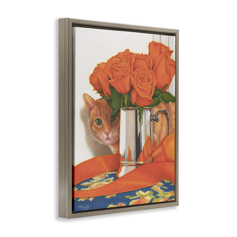 «Cat Peeking Rose Bouquet» par Mardell Schuster, Cadre flottant orme Montalcino, H 21 po x l 17 po x P 1,7 po