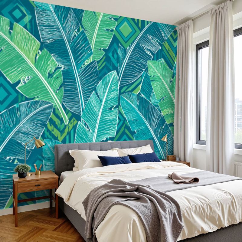 Papier peint adhésif auto-adhésif moderne pour la chambre à coucher avec feuilles de palmier tropicales L 69 "x l 96" Peel and Stick