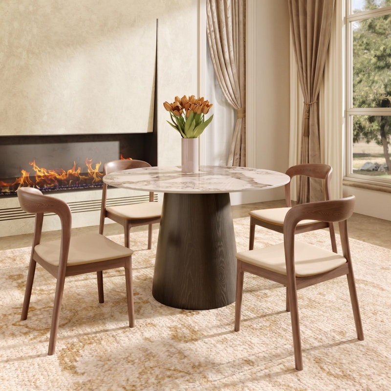 Table de salle à manger moderne en bois fritté 5 pièces Bobrow, Ensemble de cinq pièces : table, quatre chaises, Ambre, Noir