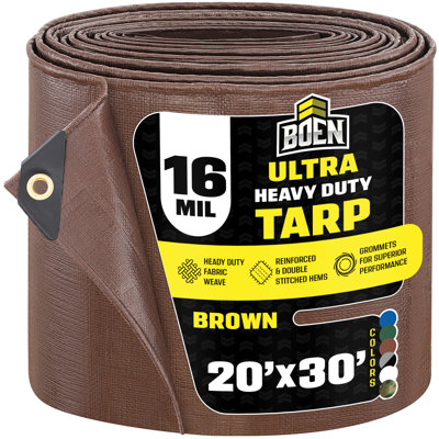 20 ft x 30 ft Brown Tarp, 16 Mil Thick Waterproof Heavy Duty Cover, Rip Proof Tarps, Thick Weave Material, UV Resistant for Tarpaulin Canopy Tent, Boat, RV or Pool Cover