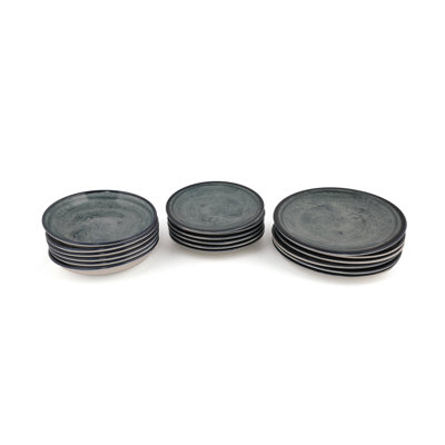 Elegant Dinner Set (18 Pieces), Dark Blue & Green, 9.8 x 9.8 x 0.8 in (6 Service Plates) | 8.3 x 8.3 x 1.6 in (6 Plates) | 7.5 x 7.5 x 0.8 in (6 Dessert Plates) | 100% Nano Porcelain, Dishwasher & Microwave Safe, Stylish & Durable