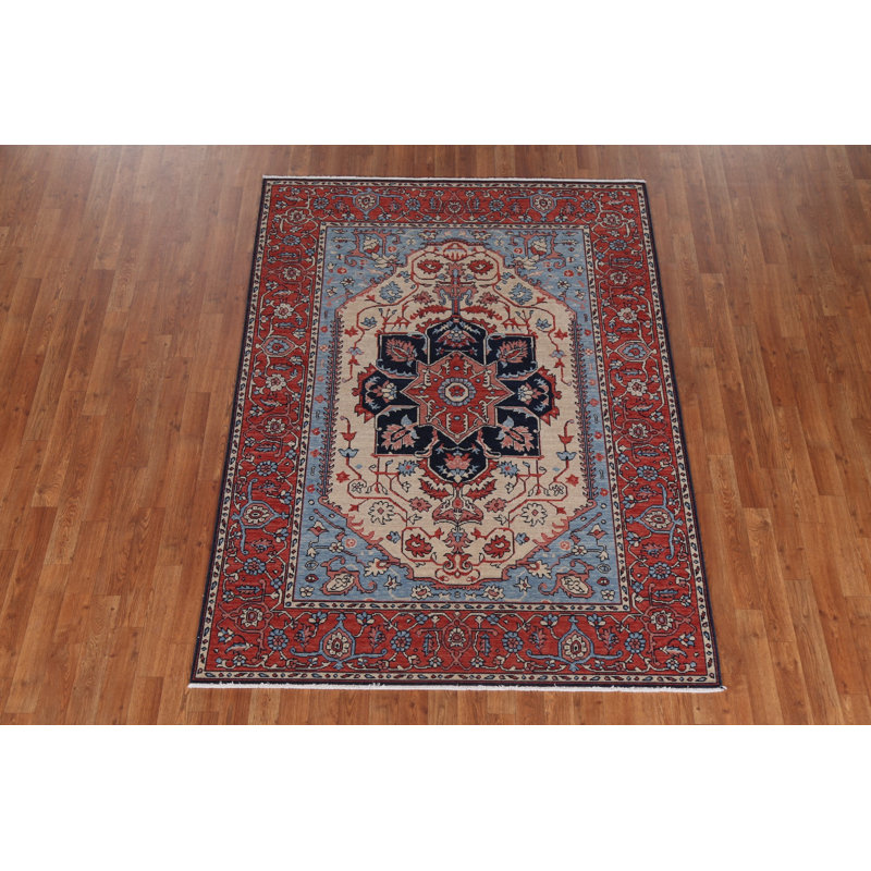 Tapis beige en laine noué à la main de conception unique 5 pi x 6 pi 10 po New Age