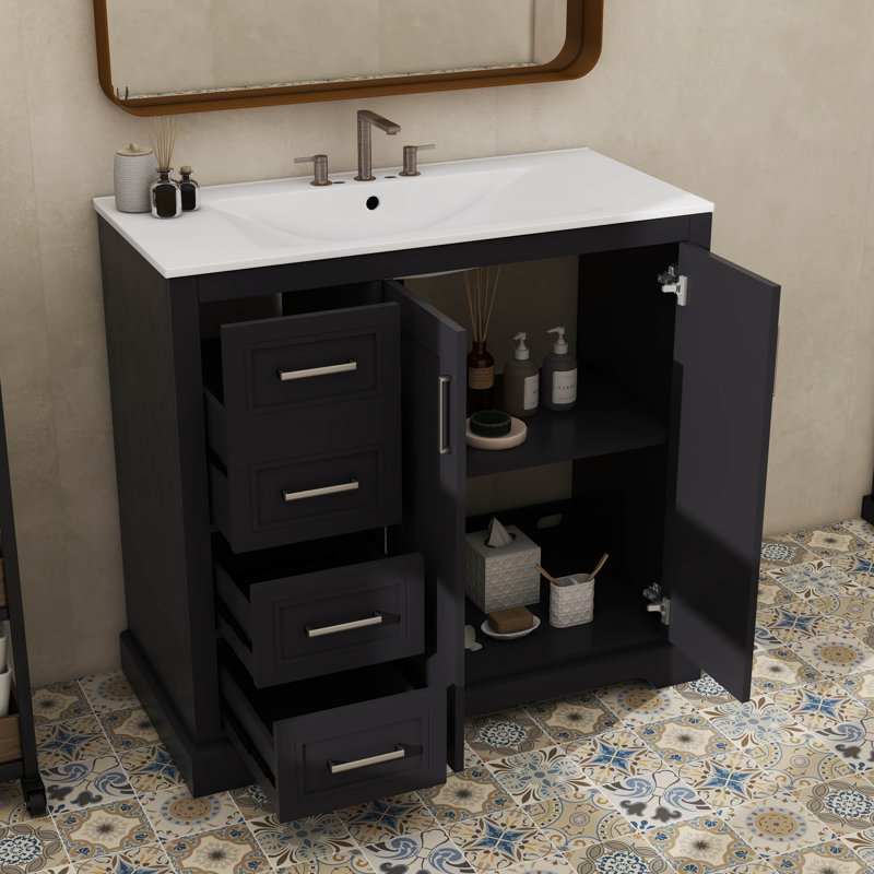 Meuble-lavabo moderne de 36 pouces avec lavabo en céramique, porte à fermeture en douceur, tablette réglable et 3 tiroirs