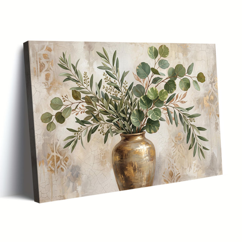 «Eucalyptus and Olive Branches in Gold Vase Gallery», art mural sur toile tendue, 20x30in