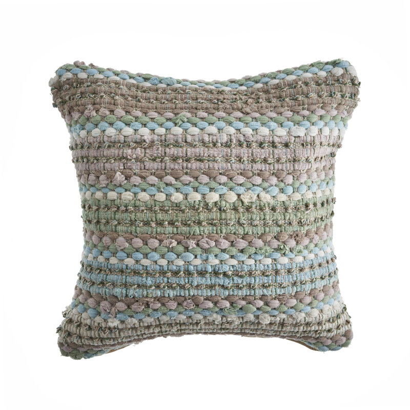 Pillow Handmade Chindi Striped Cotton Throw Pillow, Beige/Brown, Green/Blue