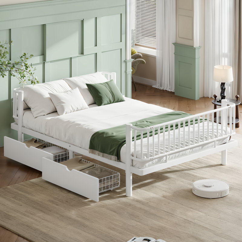 Grand lit plateforme avec tiroirs de rangement, Blanc