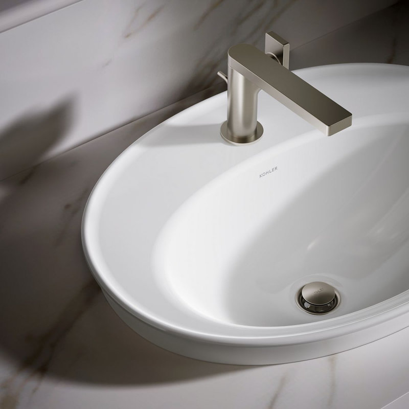 Serif Ceramic Oval Drop-In Bathroom Sink with Overflow, White, Single