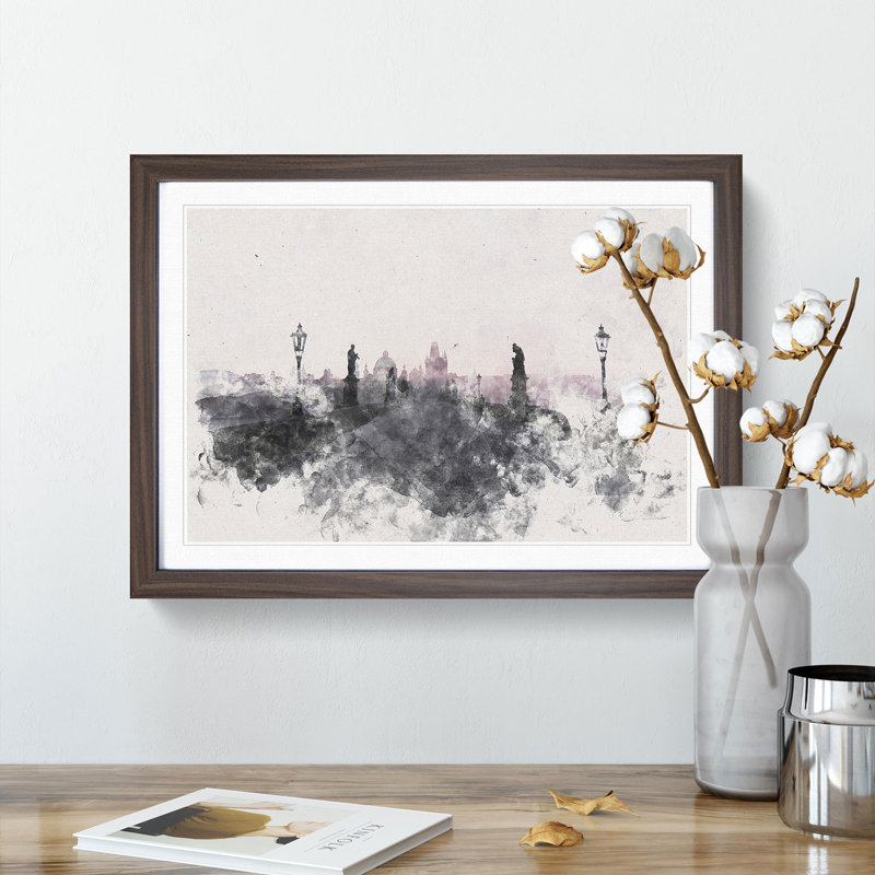 Charles Bridge in Prague 1 Piece Single Picture Frame Painting on MDF, 62cm H x 87cm W x 2cm D, Walnut Framed