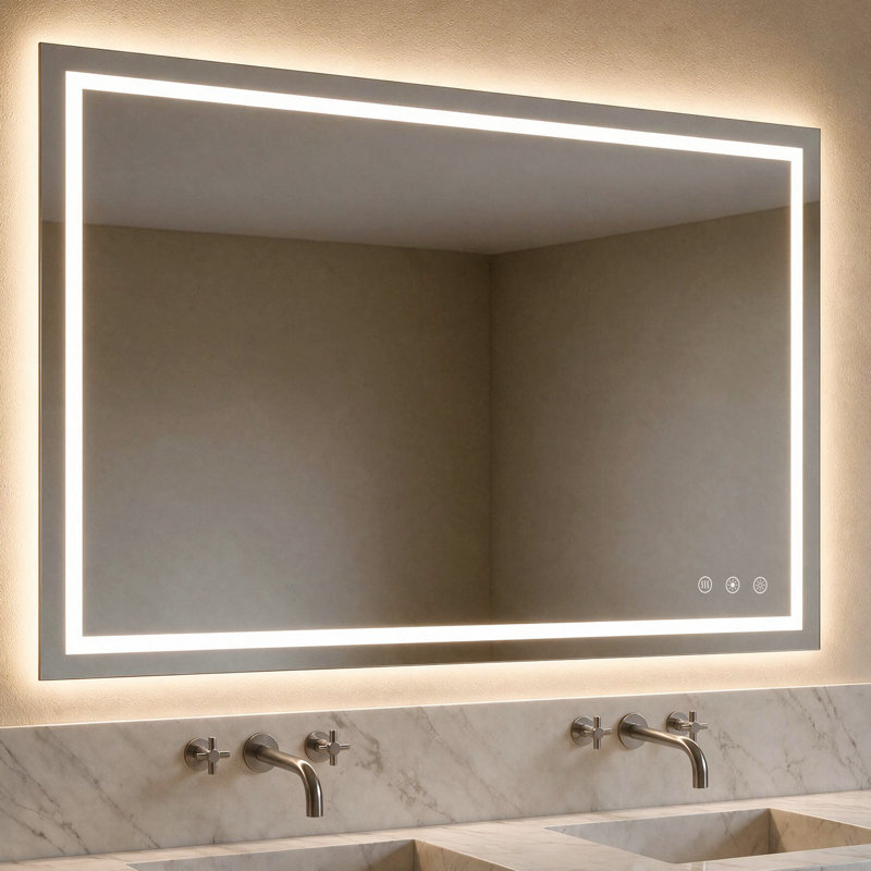 Miroir de salle de bain sans cadre à DEL avec température de couleur 3 et miroir de salle de bain anti-buée, rétroéclairé et éclairé à l'avant avec fonction de mémoire