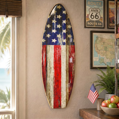 American Flag Surfboard Wall Plaque, Rustic USA Coastal Beach Wall Decor, Vintage MDF Surfboard Sign, 10" x 30"