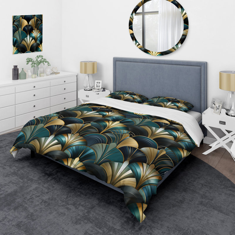 Literie damassé émeraude et dorée, motif Art I, Housse de couette pour très grand lit et 2 très