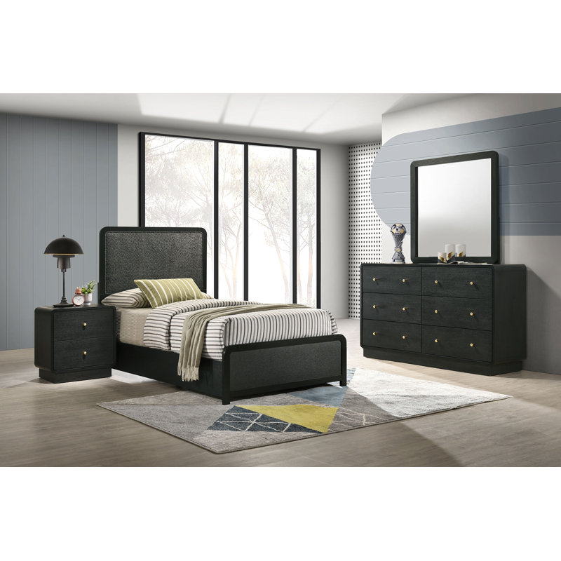 Cavelle 4-Piece Twin Bedroom Set Black, 4 Pcs: Bed, Nightstand, Dresser, Mirror, Twin