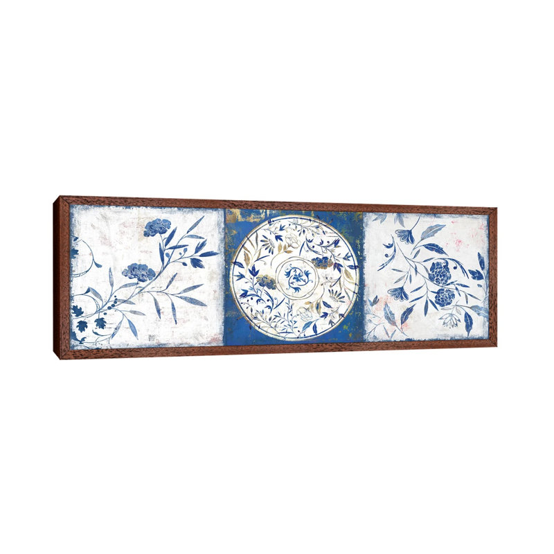 Indigo Ceramics I by Isabelle Z - Panoramic Print on Canvas, Classic Brown Wood Framed, 30.48 cm H x 91.44 cm W