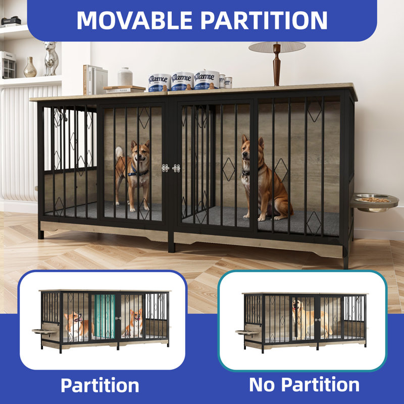 Adjustable Dog Crate Furniture with Rotatable Bowls and Cushions, Black/Grey