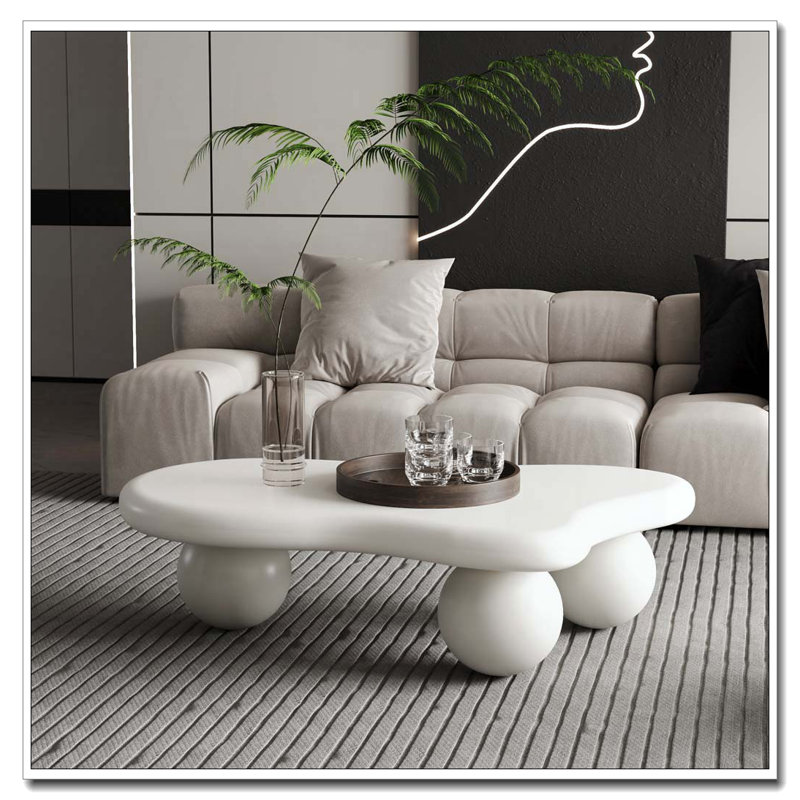 Table basse de 40 pouces en forme de nuage avec 3 pieds sphériques, Blanc, crème, 11.7" H x 40" L x 26.8" W