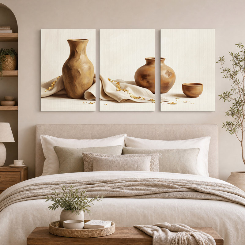 Ensemble de 3 vases en céramique bruns avec feuille d'or sur toile drapée, 36"H x 24"W x 3pcs