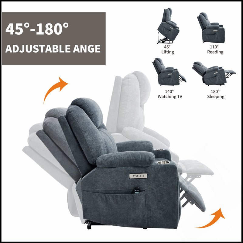Heavy Duty 350 LBS Polyester Power Lift Recliner Chair With 8-Point Vibration Massage, Lumbar Heating, USB And Type-C Ports, And Stainless Steel Cup Holders